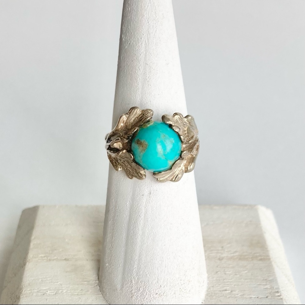 Vintage Turquoise & Sterling Silver Leaves Floral Ring Size 6 in EUC